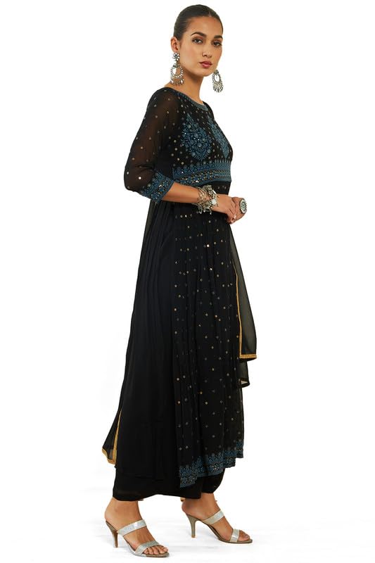 Soch Womens Black Georgette Suit Set With Embroidery And Sequins