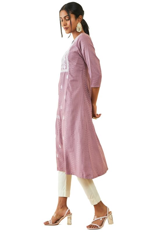 Soch Womens Purple Rayon Panelled A-Line Kurta With Floral Embroidery