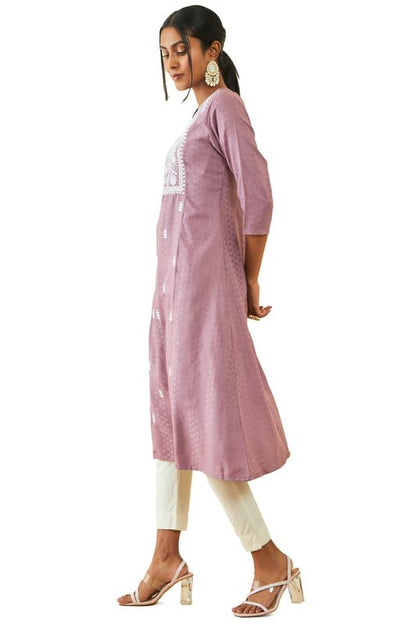 Soch Womens Purple Rayon Panelled A-Line Kurta With Floral Embroidery