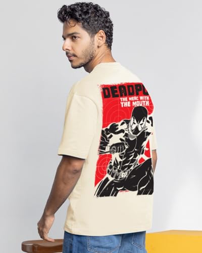 Bewakoof Official Marvel Merchandise Deadpool Mens Graphic Print Oversized Fit Half Sleeve Round Neck Pure Cotton T-Shirt_66642