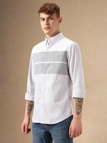 Dennis Lingo Men Blue 100% Cotton Full Sleeve Button Down Collar Stripes Shirts