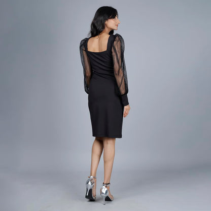 Noble Monk Women Knee Length Rib Dress | Baloon Sleeve | Slim Fit | Midi Dress | One Piece Dress For Women Black