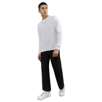 Bewakoof Mens Solid White Round Neck Full Sleeve Oversized T-Shirt