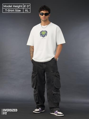 The Souled Store Oversized T-Shirt: Snake Game Men and Boys Short Sleeves Round Neck White Embroidered Applique Patch Casual Str