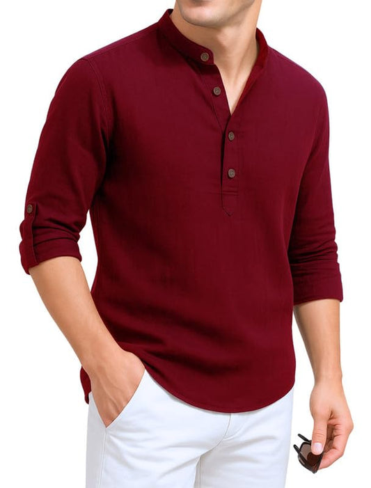 Deelmo MenS Cotton Blend Solid Regular Fit Full Sleeve Short Kurta | MenS Trendy Short Kurta Red