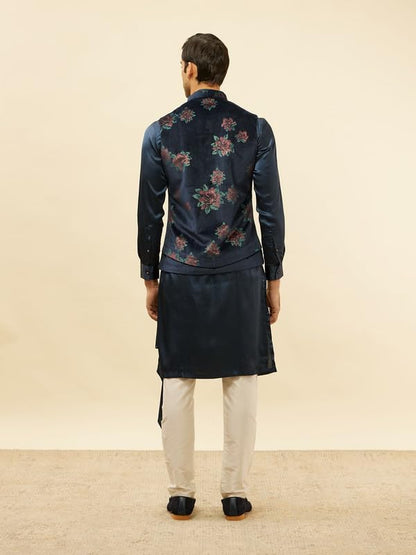 Manyavar Mens Blue Velvet Printed Kurta Pyjama Jacket Set