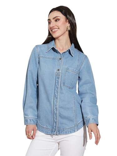 Miss Chase WomenS Denim Shirt  Full Sleeves, Relaxed Fit, Collared,(Mcss25Den74-42-158-06, Light Blue, Xl)
