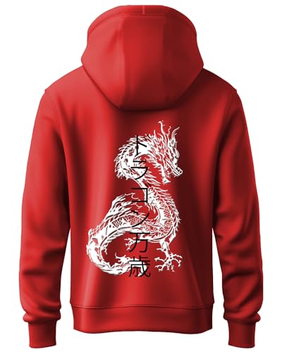ADRO Mens Hoodies with Hail The Dragon Puff Backside Printed, 100% Cotton 340GSM. (H23-M-DRA-RD_Red_XL)