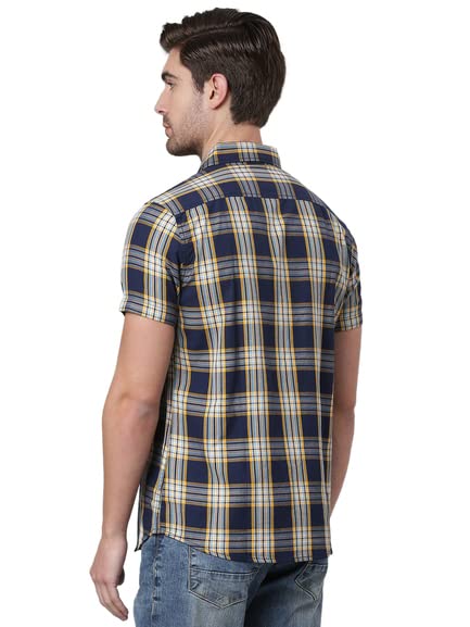 Thomas Scott Mens Checkered Slim Fit 100% Cotton Casual Shirt with Half Sleeve Indigo