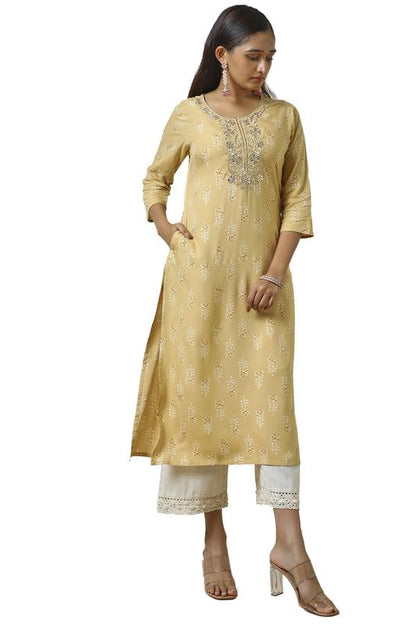 Soch Womens Beige Rayon Foil Print Kurta with Gotta Patti