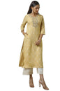 Soch Womens Beige Rayon Foil Print Kurta with Gotta Patti