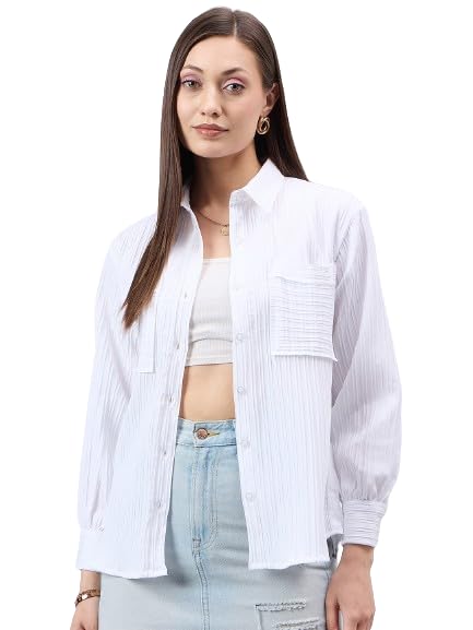 Style Quotient Women White Texture Smart Casual Relaxed Fit Polyester Shirt