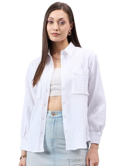 Style Quotient Women White Texture Smart Casual Relaxed Fit Polyester Shirt