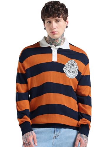 Bewakoof Official Harry Potter Merchandise MenS Striped Oversized Fit Full Sleeve Polo Acrylic Sweater_680221_Orange_Xl