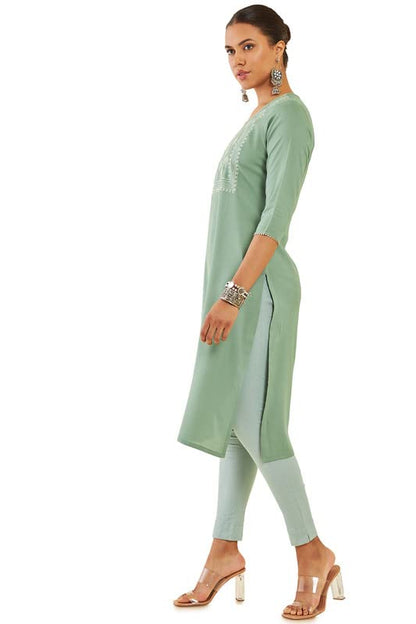 Soch Women Green Rayon Straight Kurta with Embroidered Yoke and Gota Patti Lace