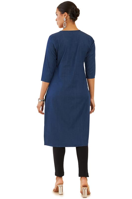 Soch Women Blue Cotton Blend Straight Kurta With Embroidered Motifs And Stripes