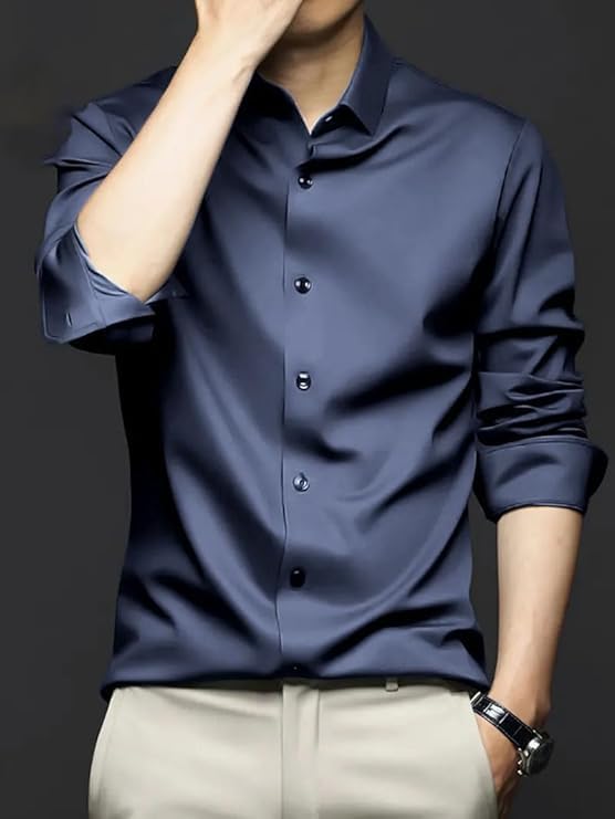 Funky Rich MenS Poly Satin Silk Solid Pattern Regular Fit Shirt With Long Sleeve Collared Neck Standard Length And Classic Styl