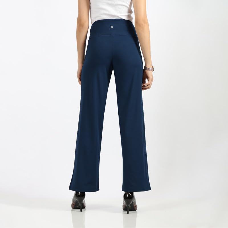 BlissClub Women High Rise The Ultimate Wide Leg Pants - Lite | Pockets | High Waisted | Quick Dry | Drawstring Naina Navy | Size