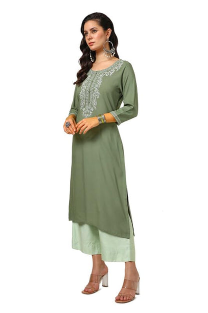 Soch Womens Olive Rayon Embroidered Kurta