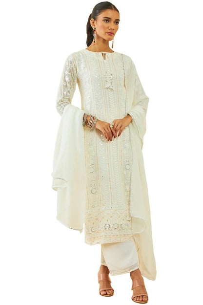 Soch Womens Off White Georgette All-Over Embroidered Palazzo Suit Set With Dupatta