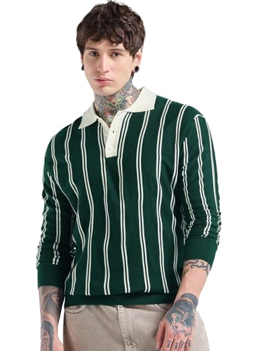 Bewakoof MenS Striped Oversized Fit Full Sleeve Polo Acrylic Sweater_680217_Green_Xl