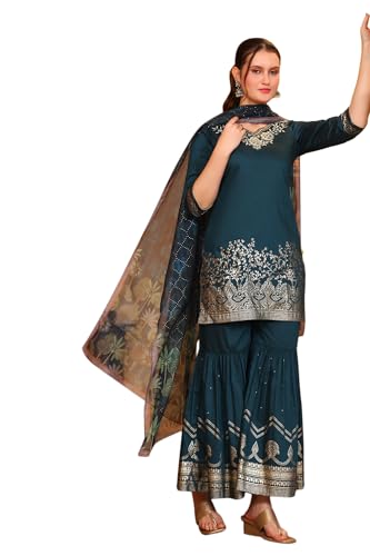 Aurelia WomenS Purple Foil Printed Embroidered Short Festive Kurta, Sharara And Dupatta Set (Size: L)-As16033-509499