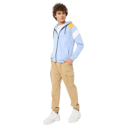 Bewakoof MenS Blue & White Color Block Zipper Hoodie