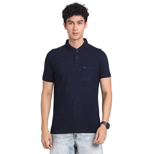 Turtle Men 100% Cotton Navy Blue Striped Polo Neck Half Sleeve Casual T-Shirt