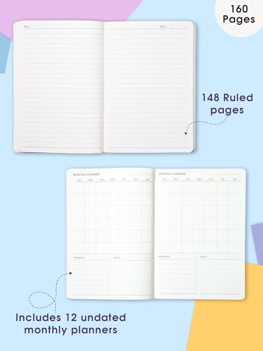 Doodle A5 Undated Planner Notebook  160 Pages (12-Month Planner + Notes), Soft Cover Journal With 80 Gsm Paper  Motivational Quo