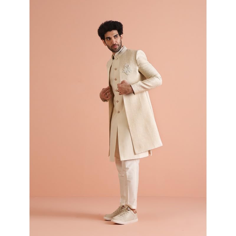 Kisah Mens Jacket Sherwani Trouser Set|Silk Blend Fabric Jacquard Pattern Indo-Western Ethnic Set For Men|Regular Fit Mandarin C