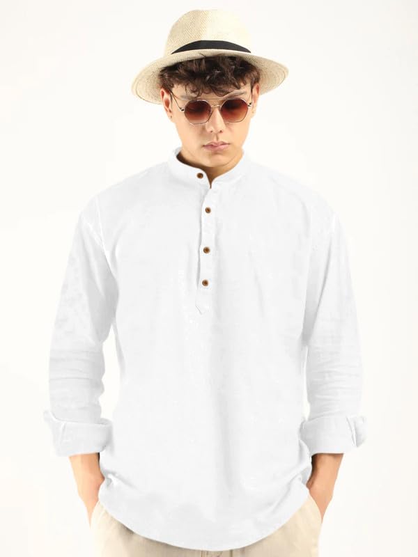 ROYALSCOUT Mens Cotton Polyester Blend Solid Regular Fit Full Sleeve Short Kurta White
