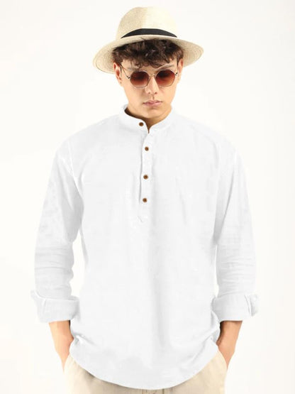 ROYALSCOUT Mens Cotton Polyester Blend Solid Regular Fit Full Sleeve Short Kurta White