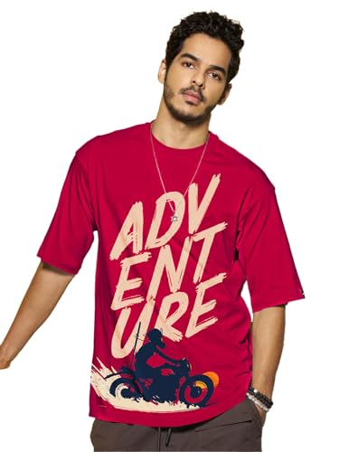 Bewakoof MenS Graphic Print Oversized Fit Half Sleeve Round Neck Cotton T-Shirt Red