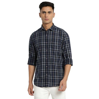 Turtle Men Cord Dark Blue Checkered Slim Fit Full Sleeve Casual Shirt