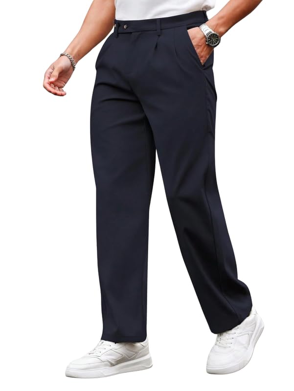 SMOWKLY Mens Poly-Lycra Premium Stretch Waist Dress Pants || Wrinkle Free, 4 Pockets, Tailored Straight Leg || Golfers Style C