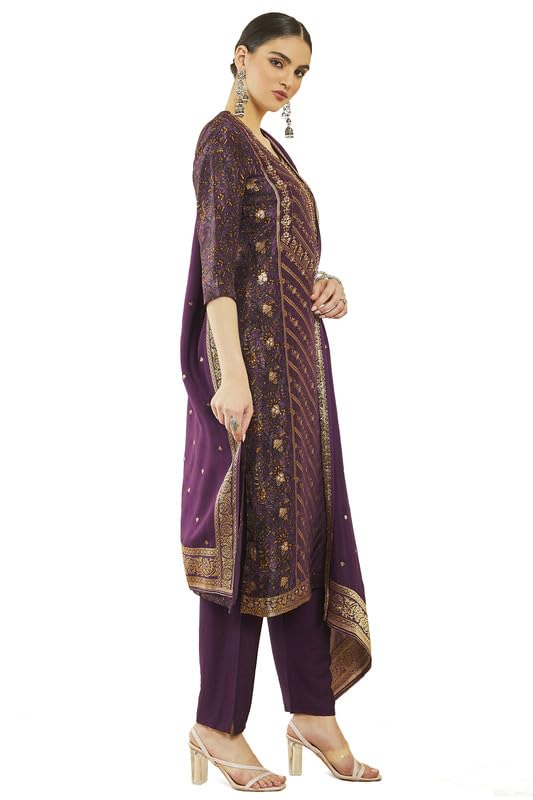 Soch Womens Wine Brocade Floral Print And Zari Woven Suit Set With Dupatta