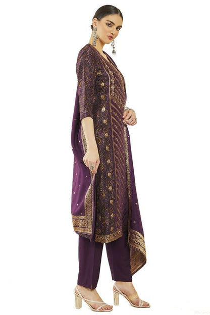 Soch Womens Wine Brocade Floral Print And Zari Woven Suit Set With Dupatta
