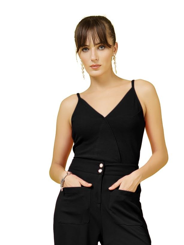 OOMPH! Stretchable Sleeveless Tank Top with V-Neck, Black, mt940
