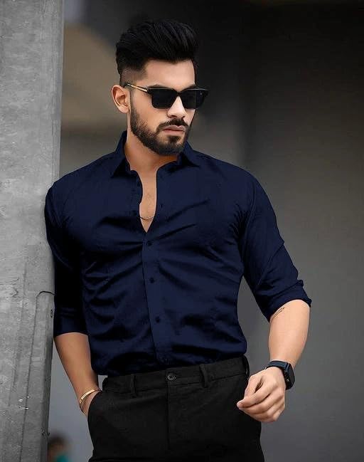 Tee Projekt Shirt for Men Cotton Plain Spread Collar Casual Shirt Parfect for ormal Wear, Home Wear, Office Wear Navy Blue