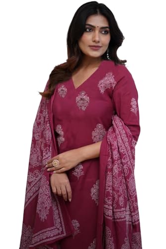 ANNI DESIGNER Women's Pure Cotton Hand Block Print Kurti Pant Dupatta Set for Women | Ethnic Suit Set |Printed Suit Set| Stylish Kurta Set|Soft Cotton Dress Set|3 Piece Kurta Set for Ladies