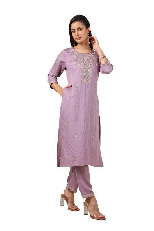 Soch Womens Purple Muslin Blend Woven Design Kurta Set With Thread Work