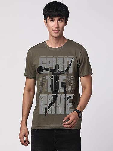 ADRO Sports Design Printed T-Shirt for Men - 100% Cotton, Regular Fit, Soft Breathable Fabric. (RN23-M-SPR-OL_Olive)