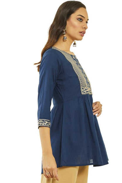 Soch Womens Teal Rayon Slub Floral Embroidered Tunic with Sequin Embellishments