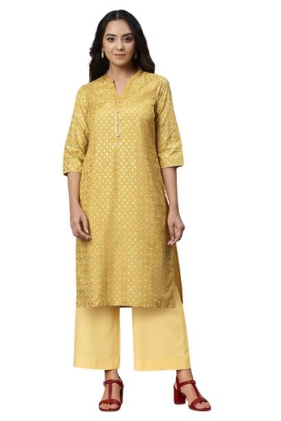 Aurelia Women's Yellow Sequins Straight Kurta and Palazzo Set (Size: S)-ONVAS13684-505254