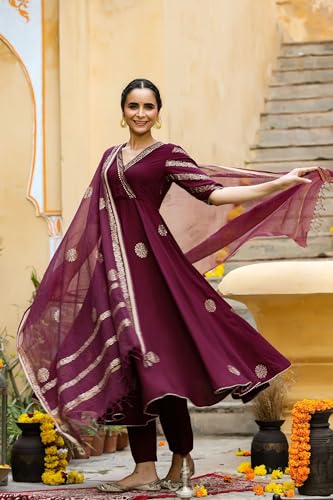 GoSriKi Womens Cotton Blend Printed Anarkali Kurta with Pant & Dupatta (Berlin Wine-GS_M_Wine_Medium)