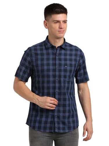 Turtle Men 100% Cotton Slim Fit Blue Checkered Half Sleeve Casual Shirt