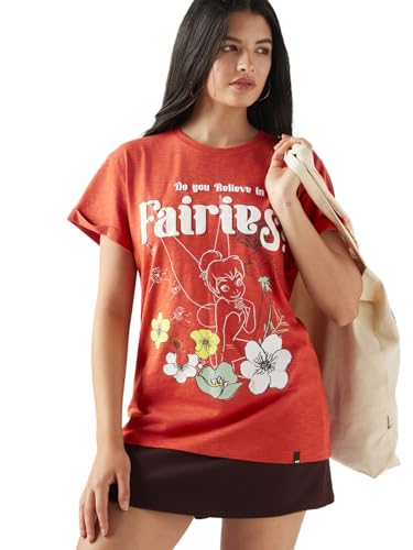 Bewakoof Air 1.0 Official Disney Merchandise Tinker Bell WomenS Graphic Print Boyfriend Fit Half Sleeve Round Neck Cotton Slub T