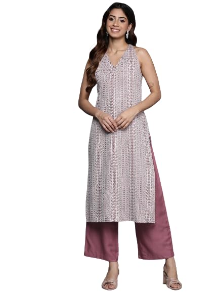 Varanga Women Mauve Woven Design Sleeveless Kurta, Paired With Solid Bottom.