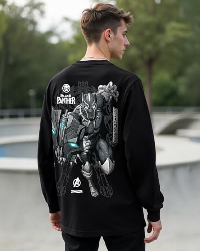 Bewakoof Official Marvel Merchandise MenS Graphic Printed Oversized Fit Full Sleeve Round Neck Cotton Jersey T-Shirt 636663 Bla