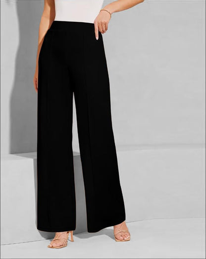 Toochki Womens High Waist Straight Fit Trousers | Black Solid Korean Stretchable Pants for Women | Regular Black Fit Elastic Wa